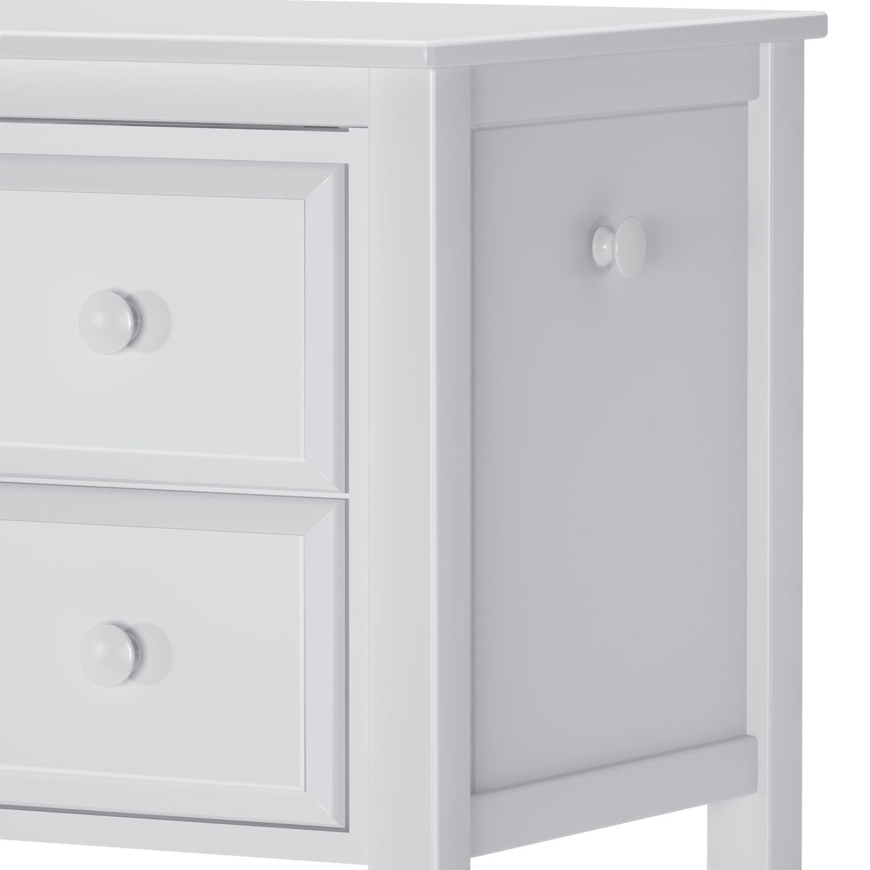 White wooden dresser with two drawers and side cabinet, perfect for bedroom storage.