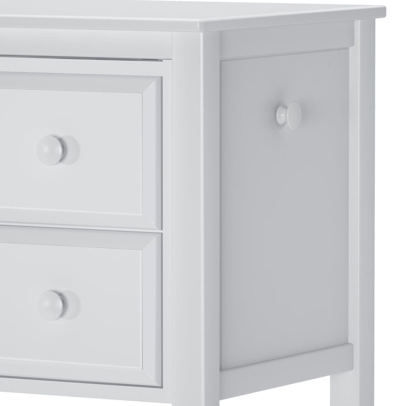White wooden dresser with two drawers and side cabinet, perfect for bedroom storage.