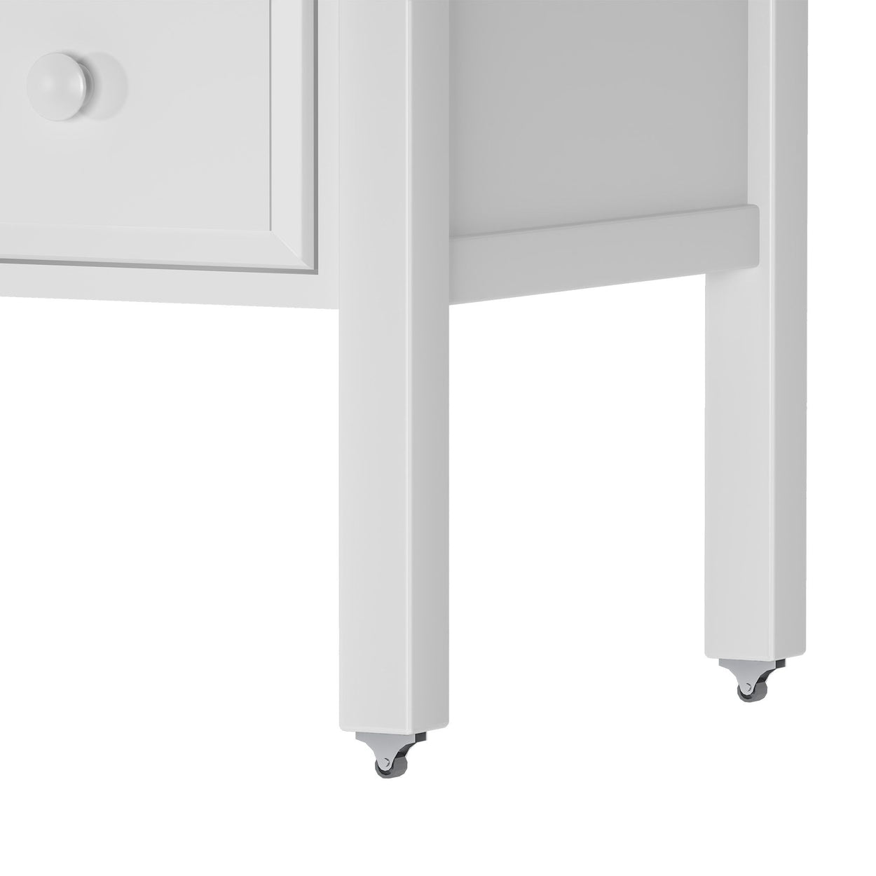 White rolling cabinet leg with a drawer, ideal for modern home office furniture.