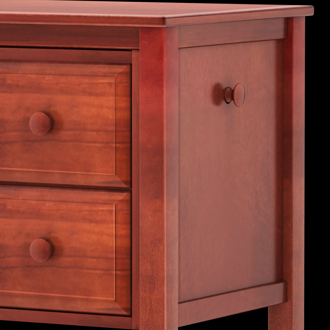 Wooden dresser with three drawers featuring round knobs, showcasing rich brown finish and classic design.