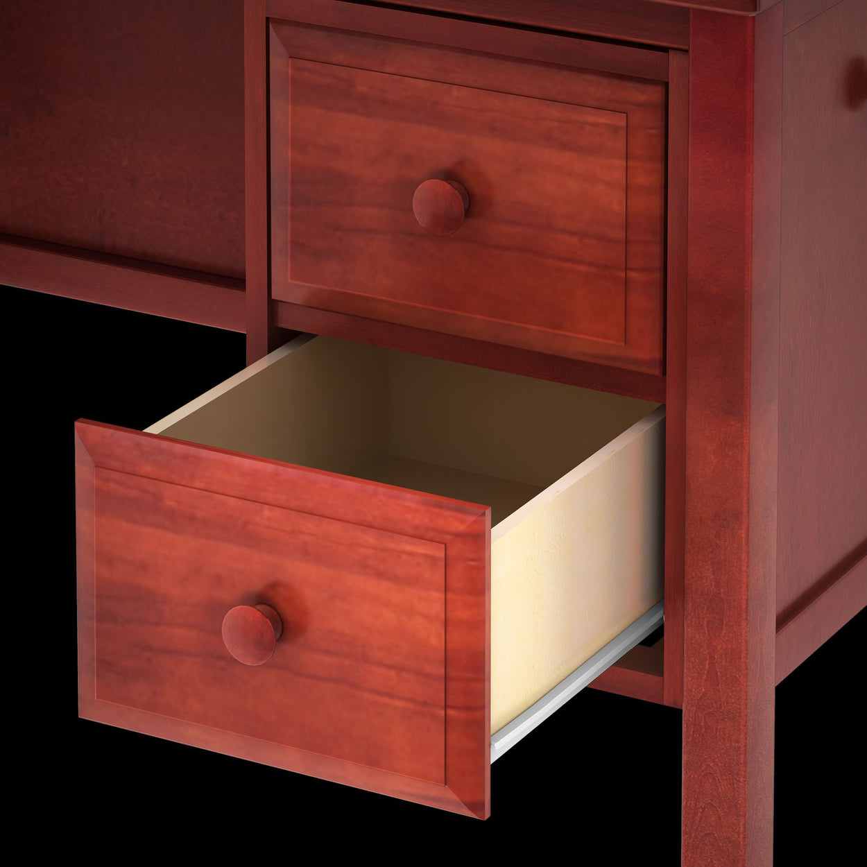 Open wooden drawer with two knobs in a vintage desk highlighting craftsmanship and storage solutions.