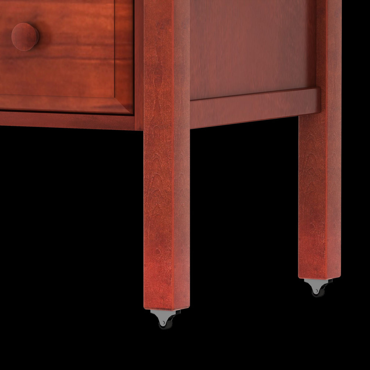 Modern wooden furniture leg with caster wheels.