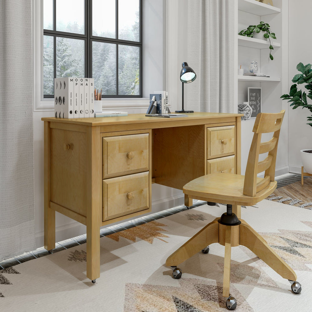 Wooden desk and chair set in a modern home office with natural light and indoor plants.
