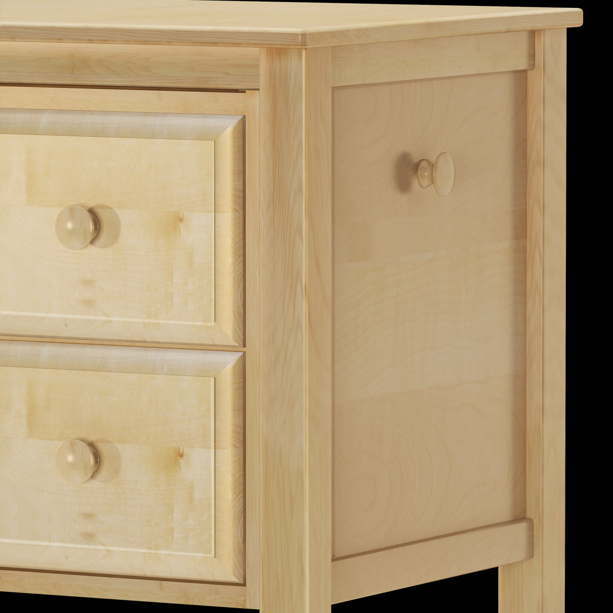 Wooden side table with two drawers featuring natural finish and round knobs.
