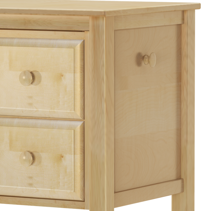 Light wood two-drawer nightstand with round wooden knobs and natural pine finish, minimalist bedside table