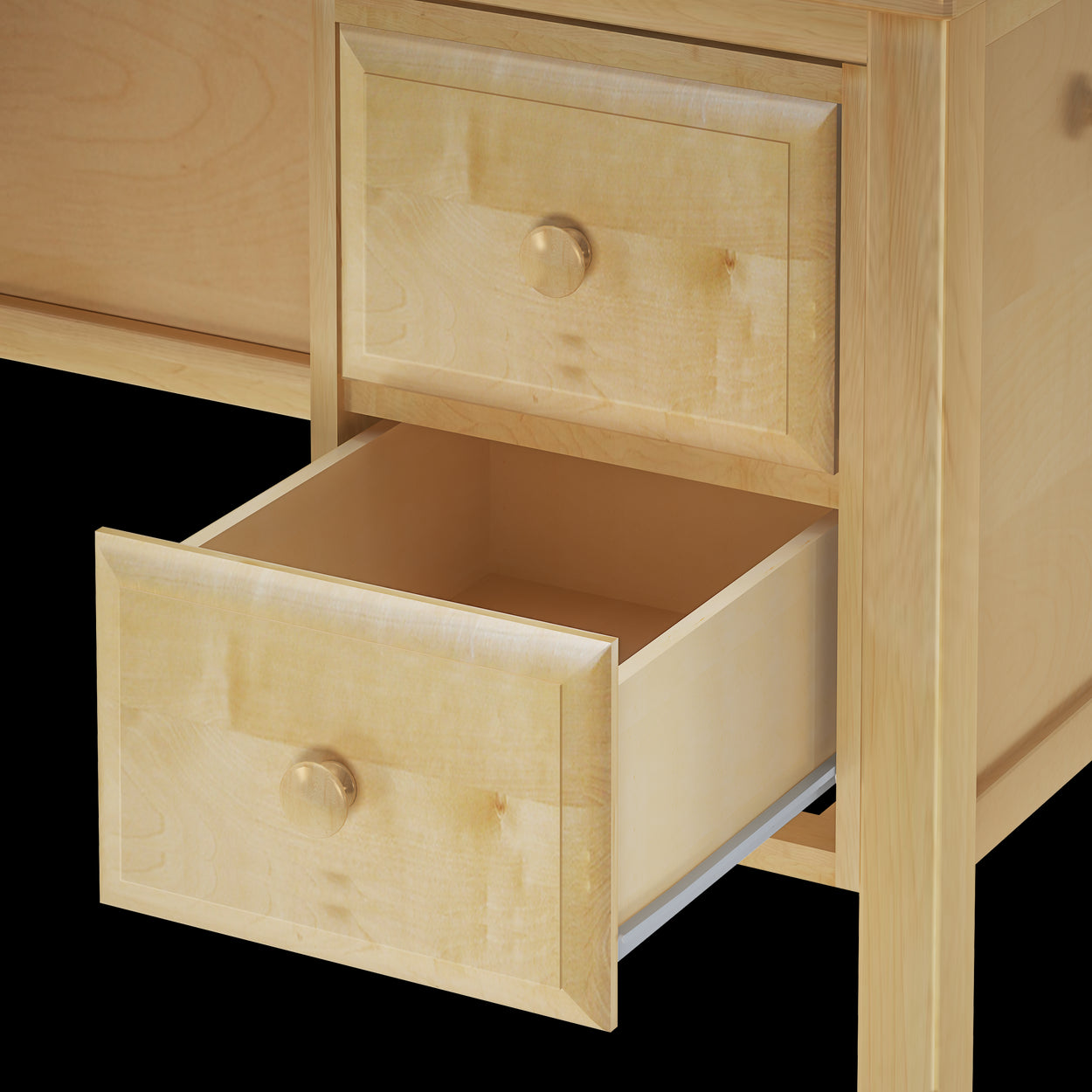 Wooden dresser with an open drawer showcasing natural wood finish.