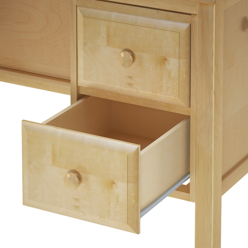 Open light maple wood drawer with round wooden knob in bedside cabinet, showing interior and metal drawer slide — bedroom storage furniture
