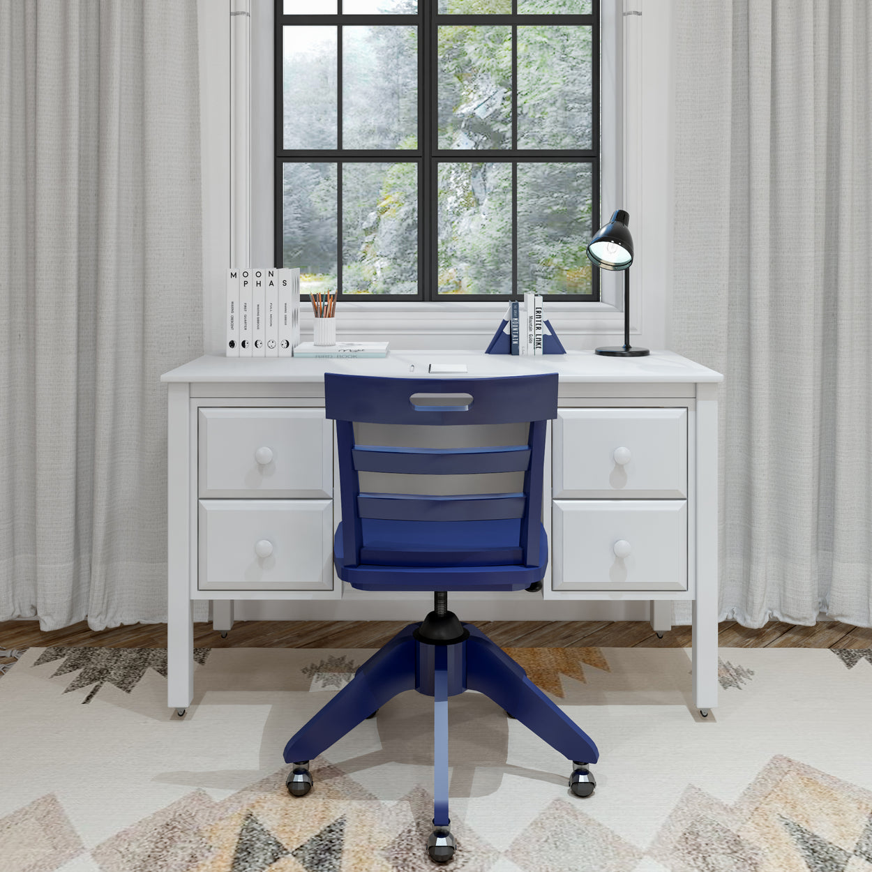 Modern home office setup with a white desk, blue chair, desk lamp, and window view.