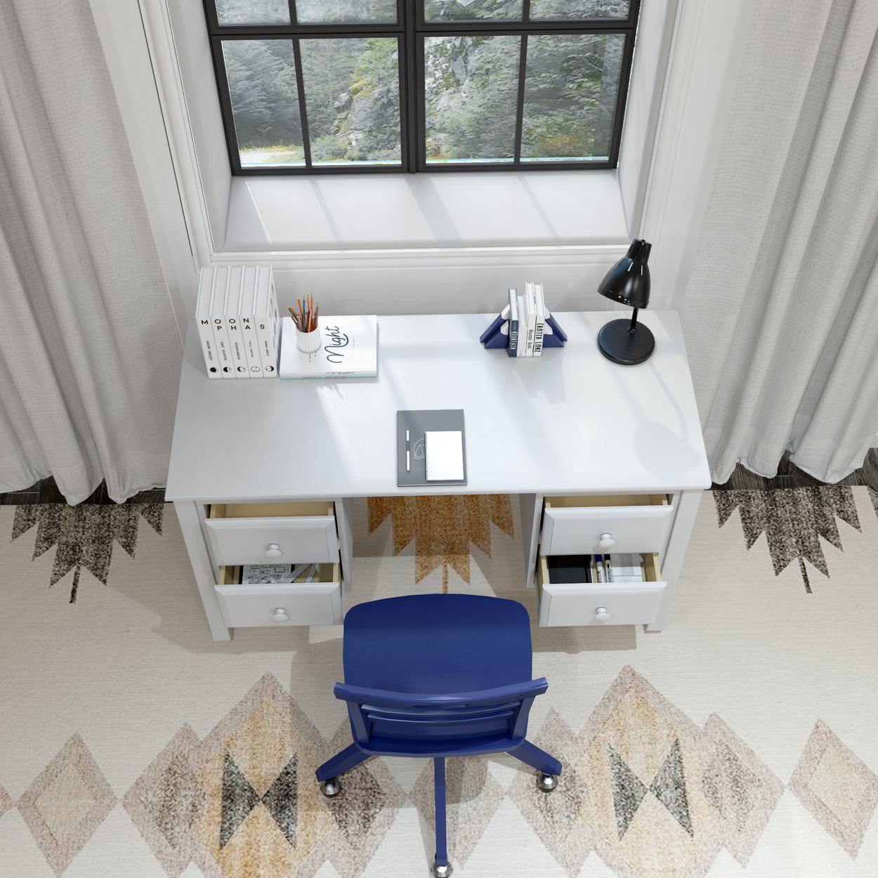 Modern home office setup with white desk, blue chair, and natural light from window.