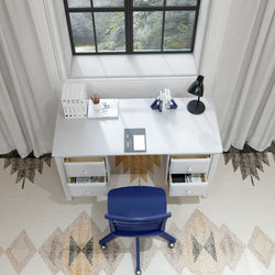 Modern home office setup with white desk, blue chair, and natural light from window.