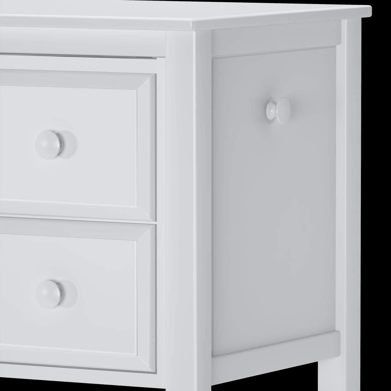White wooden dresser with two smooth round knobs and clean modern design.