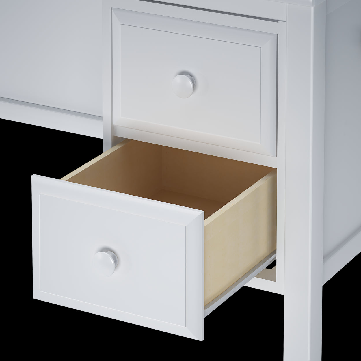 White wooden desk with open drawer showcasing minimalist design.