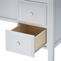 White shaker-style kitchen cabinet drawers with round knob, partially open revealing plywood interior and metal drawer slides