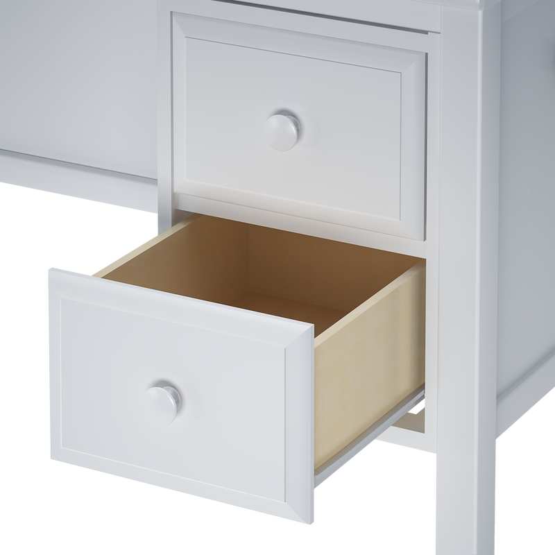 White shaker-style kitchen cabinet drawers with round knob, partially open revealing plywood interior and metal drawer slides