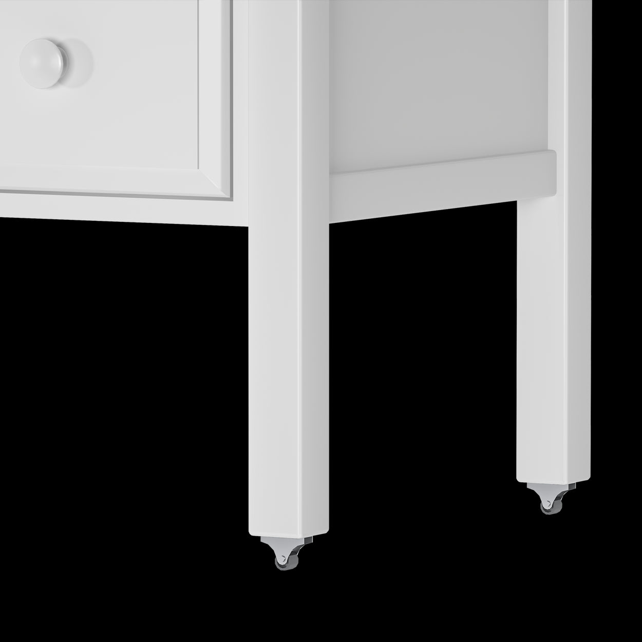 White furniture leg with caster wheels for easy mobility.