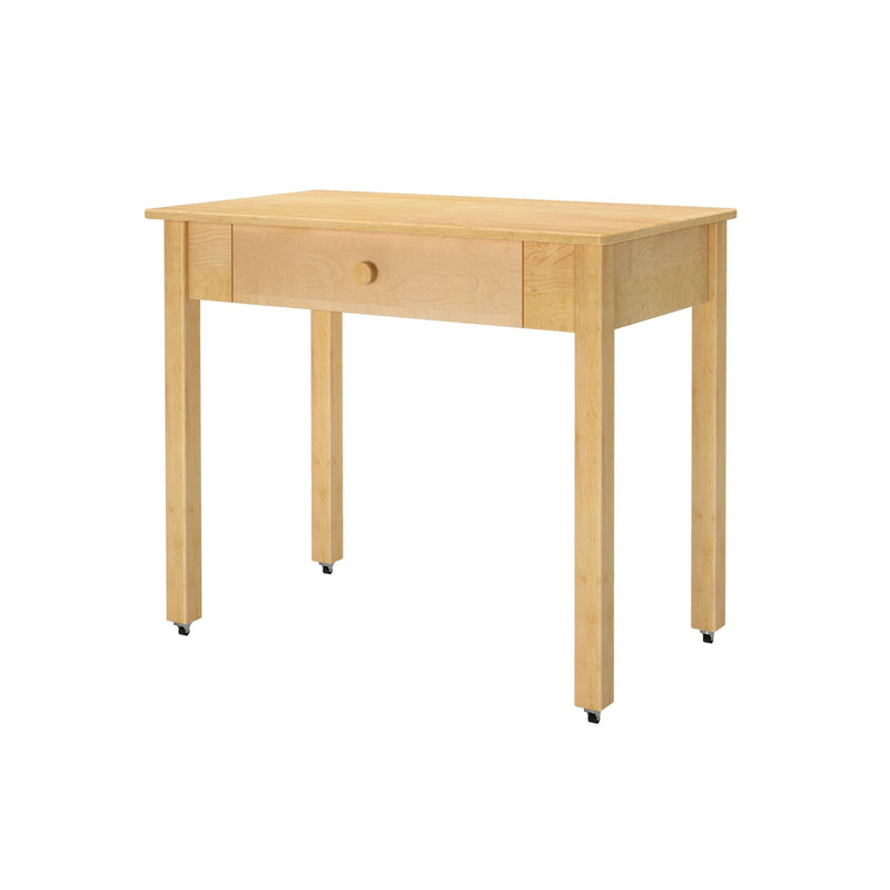 Compact light natural wood writing desk with single center drawer and caster feet, small home office or study table in minimalist modern design