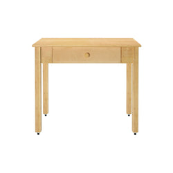 Light maple wood desk with single center drawer and casters, compact writing table for home office or study with minimalist Scandinavian-style design