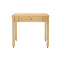 Compact maple wood writing desk with single center drawer and knob, straight legs with casters, natural finish, ideal for small home office