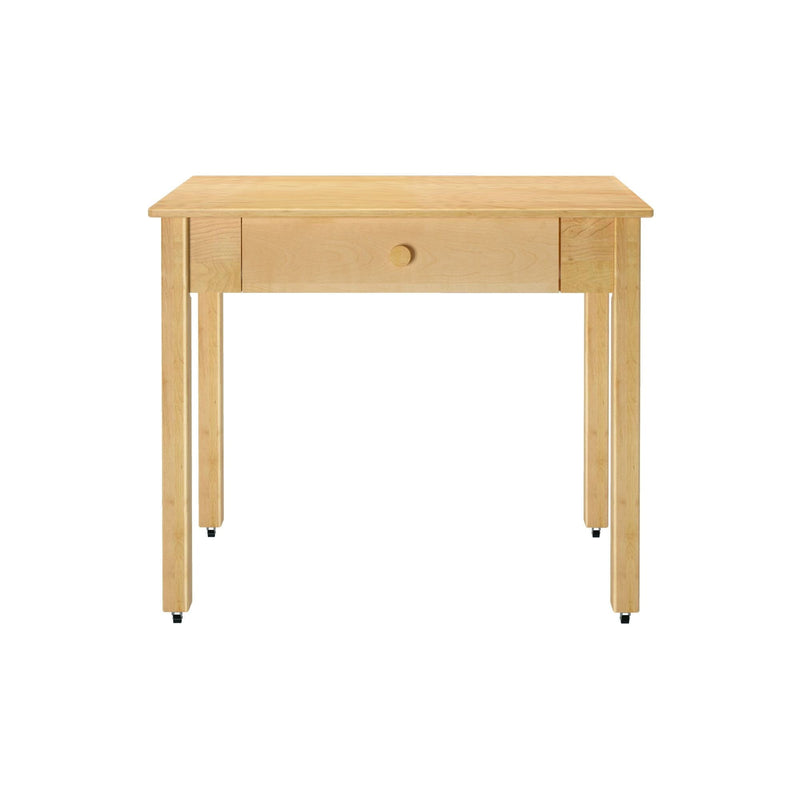 Compact maple wood writing desk with single center drawer and knob, straight legs with casters, natural finish, ideal for small home office