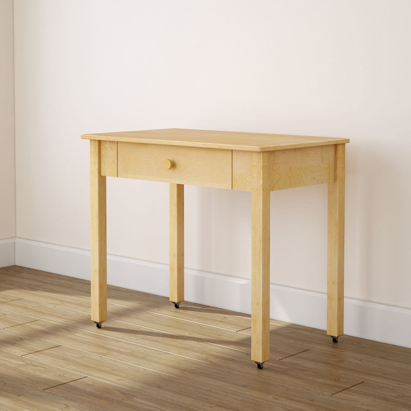 Light natural wood small writing desk with single centered drawer and round knob on caster feet, minimalist console table on hardwood floor against a white wall