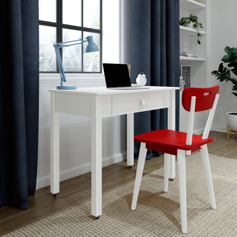 White wooden desk with drawer, red wooden chair, blue adjustable desk lamp and laptop by window with navy curtains in a modern minimalist small home office workspace