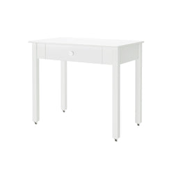 White compact writing desk with single drawer and caster wheels, minimalist small-space home office table