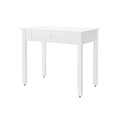 Compact white writing desk with single center drawer and four straight legs on casters, minimalist small home office console table