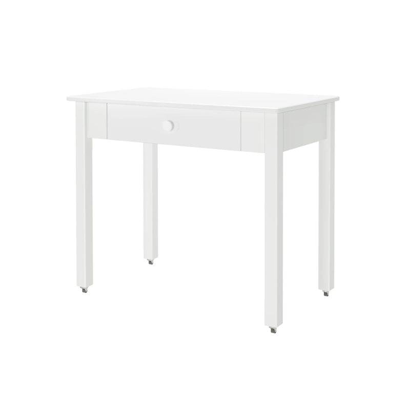 Compact white writing desk with single center drawer and four straight legs on casters, minimalist small home office console table