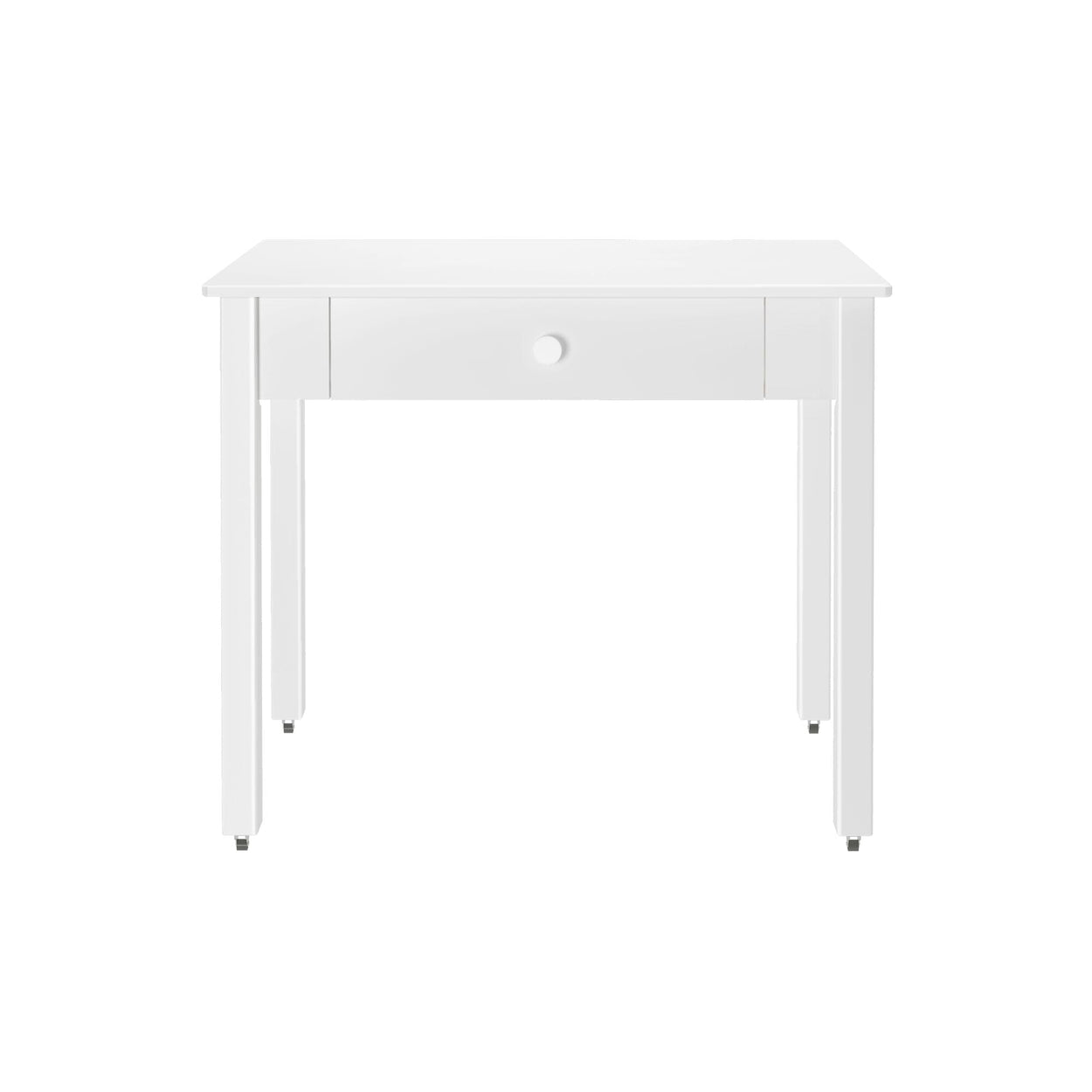 Compact white wooden writing desk or vanity with single center drawer and round knob, slim tapered legs, minimalist home office or bedroom table