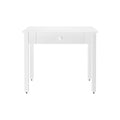 White wooden writing desk with single centered drawer and round knob, compact minimalist home office desk with straight legs.