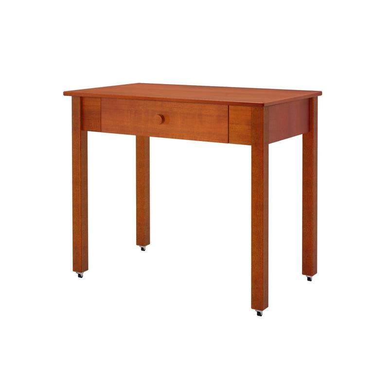 Compact cherry-finish wooden writing desk with single central drawer and knob, square legs with caster wheels, ideal for small home office or entryway