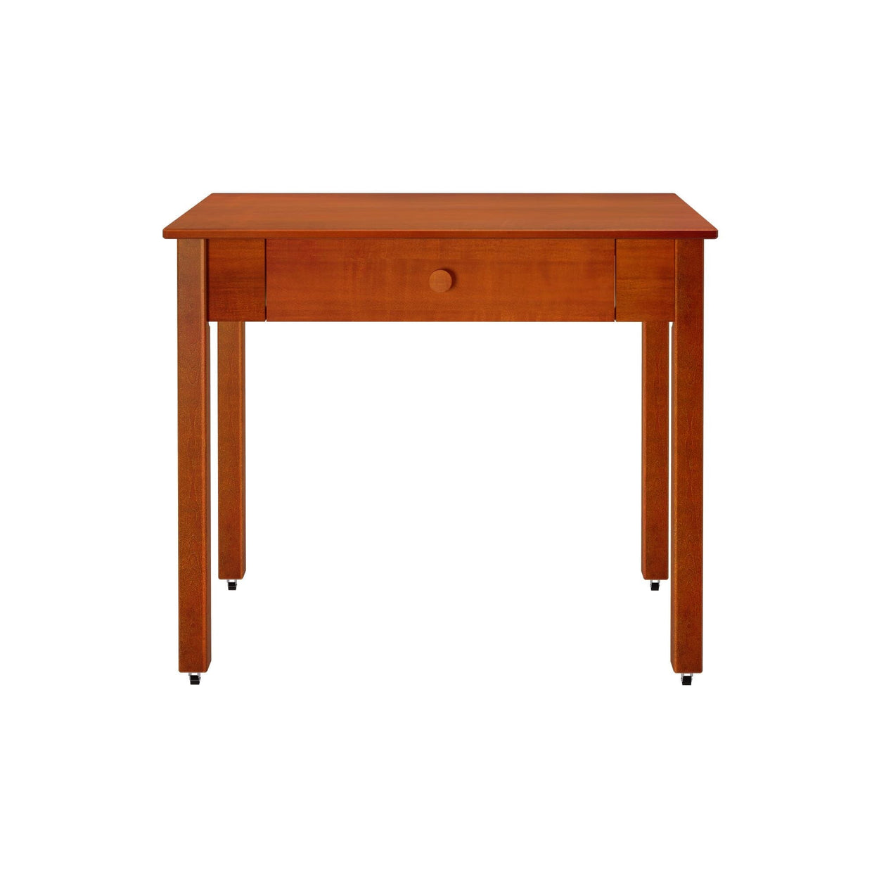 Compact cherry wood writing desk with single drawer and round knob, tapered legs on casters — small wooden home office table