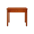 Compact solid wood writing desk with single center drawer and rolling caster feet, cherry finish small home office desk in farmhouse style