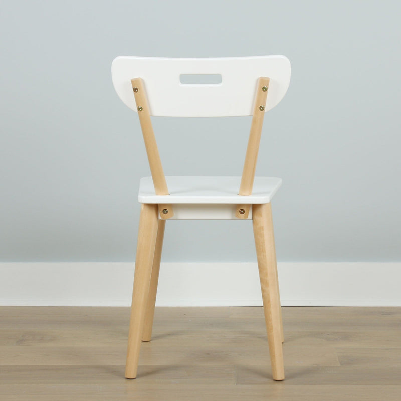 Modern white dining chair with light wooden legs in Scandinavian minimalist design, back view on hardwood floor against pale gray wall