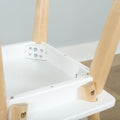 Close-up of white plastic baby high chair underside with natural wood legs, metal screws and bracket mounting hardware