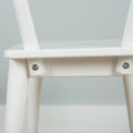 Close-up of white plastic chair legs and visible screw fasteners on a minimalist modern stool