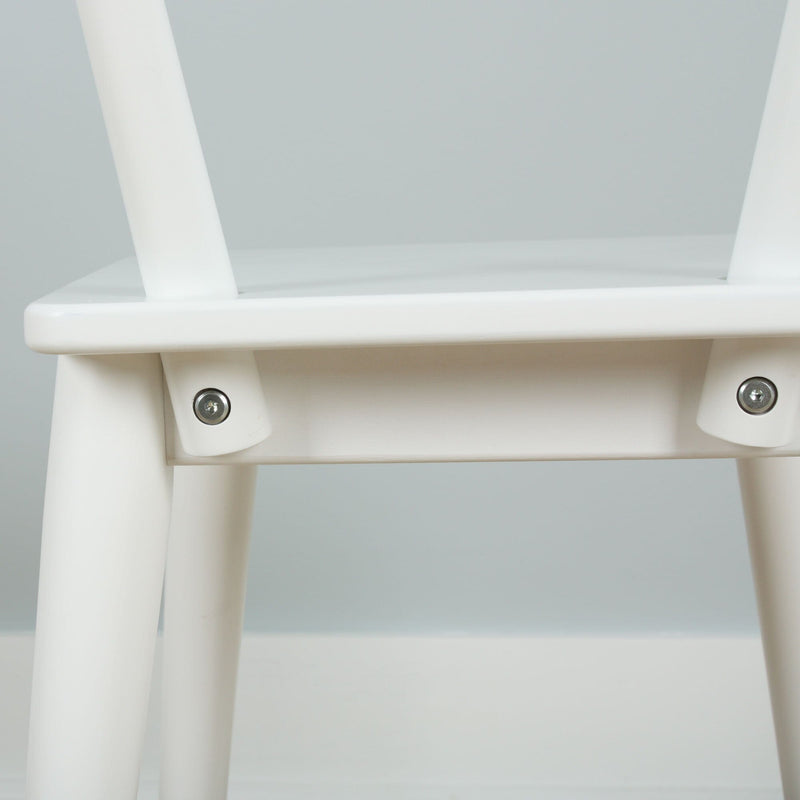 Close-up of white plastic chair legs and visible screw fasteners on a minimalist modern stool