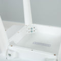 Close-up of a white chair underside showing metal screws and a mounting bracket on a white plastic frame