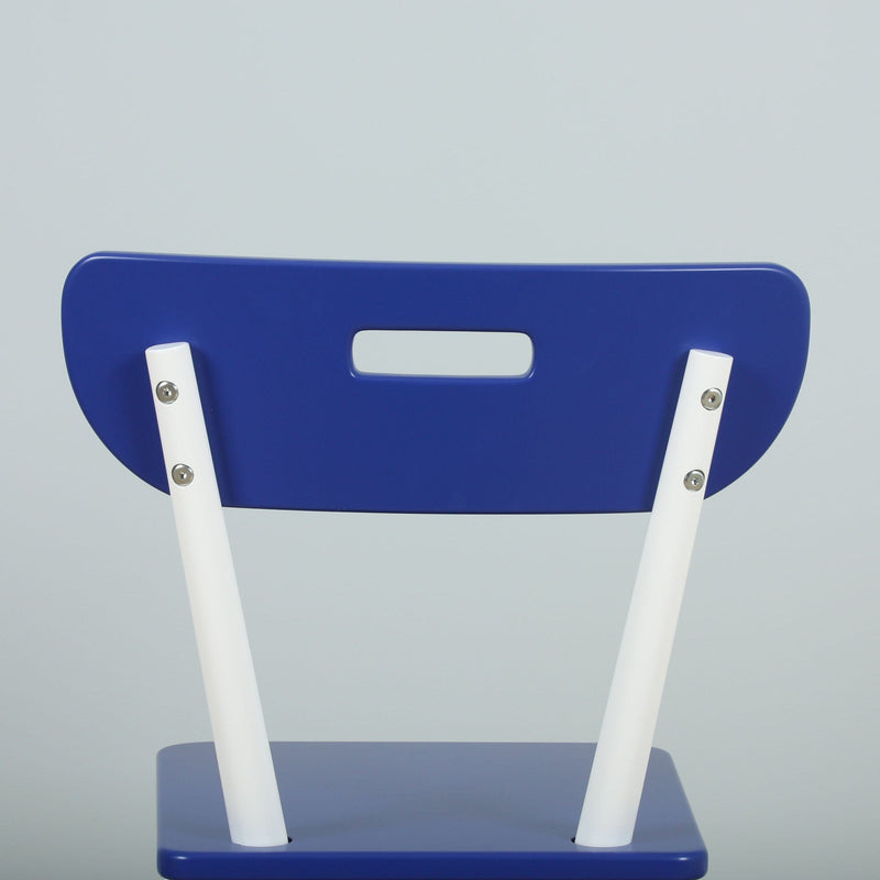 Blue plastic chair back with rectangular cut-out handle and white metal legs bolted to seat on light gray background