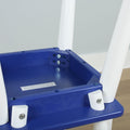 Close-up of blue plastic children's chair underside with white legs and visible metal screws and bolts, assembly detail