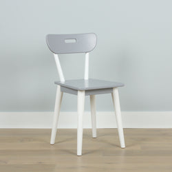 Gray and white modern wooden chair in minimalist room setting.