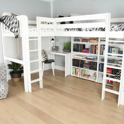 White loft bed with integrated desk and bookshelves in a modern, minimalist room featuring wooden flooring and decorative plants.