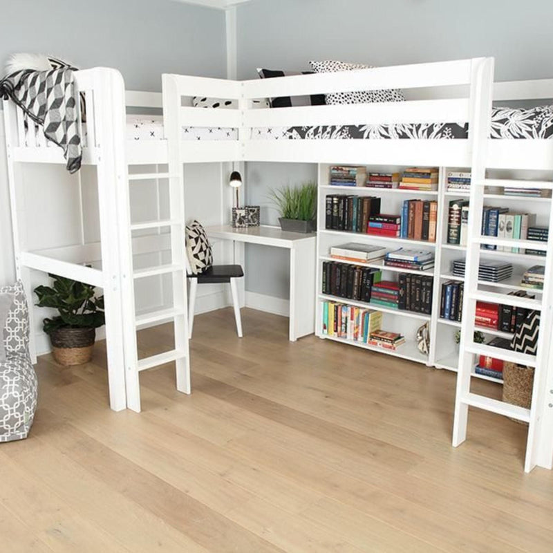 White loft bed with integrated desk and bookshelves in a modern, minimalist room featuring wooden flooring and decorative plants.