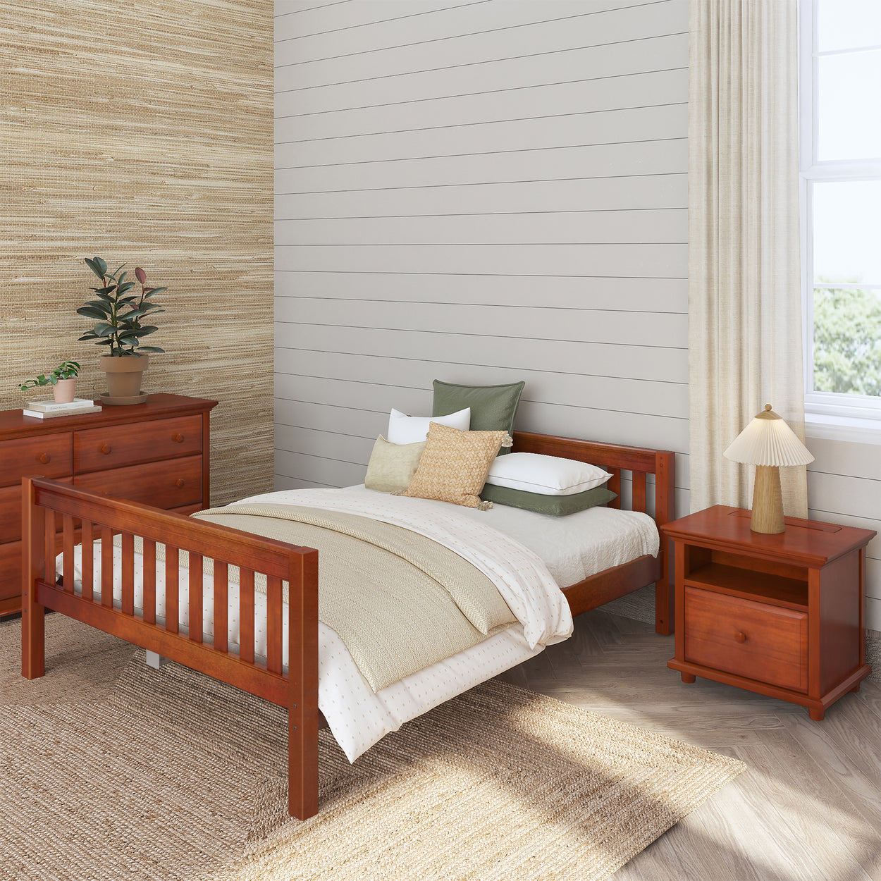 Elegant modern bedroom interior with wooden furniture, neutral bedding, and natural light.