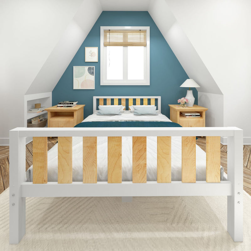 Cozy attic bedroom with teal blue accent wall, white wooden bed frame with natural wood slats, matching wood nightstands, bamboo blinds and bedside lamp