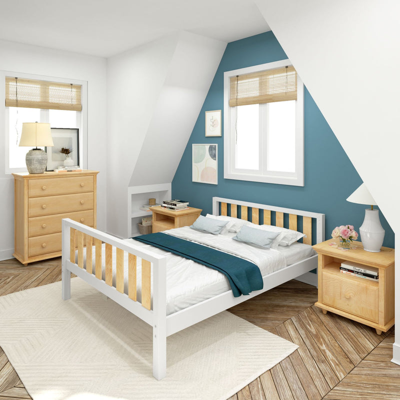 Bright modern bedroom with blue accent wall and sloped ceiling, white wood bed with natural wood slats, light-wood dresser and nightstand, teal throw and pillows, bamboo blinds, table lamp and hardwood floor