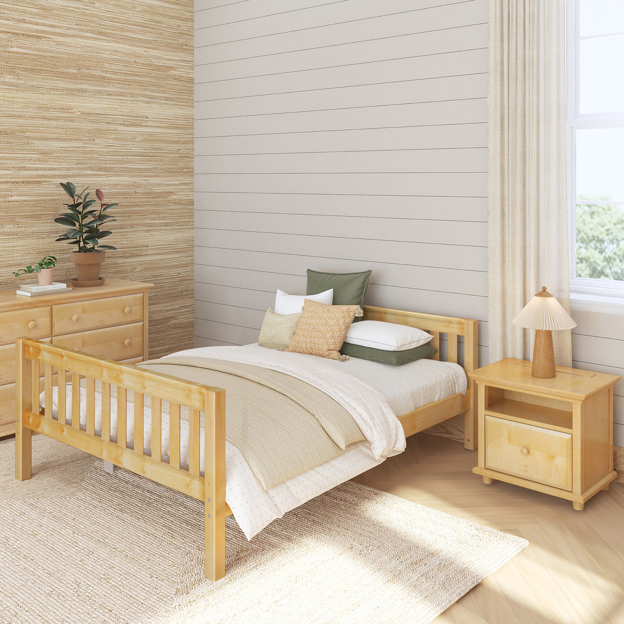 Cozy bedroom with beige and cream decor, wooden bed frame, nightstand, and dresser, featuring a potted plant and a window with natural light.