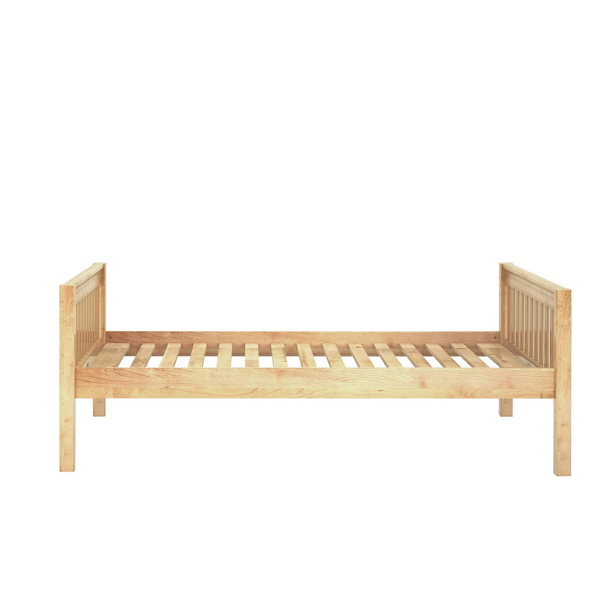 Natural wooden bed frame with slatted base and headboard for modern bedroom furniture.