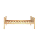 Light natural wood slatted bed frame with paneled headboard and footboard, platform-style bed isolated on white background