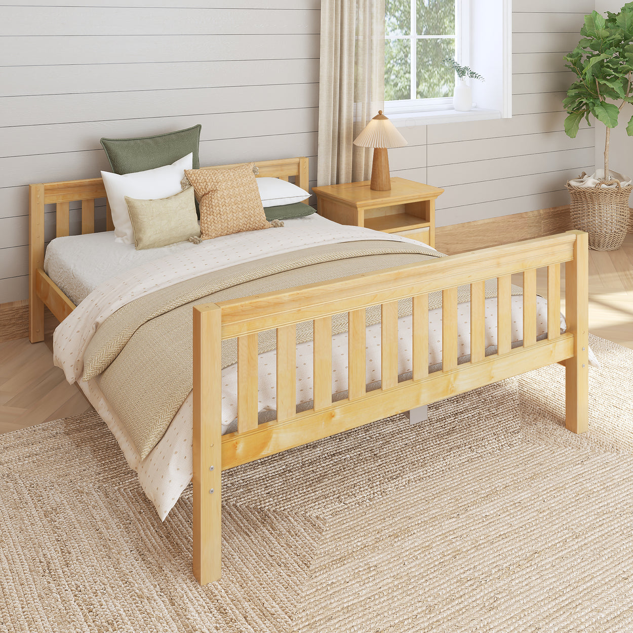 Wooden bed frame with neutral bedding in a cozy, light-filled bedroom.
